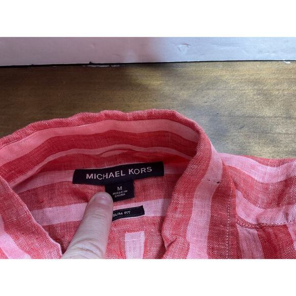MICHAEL KORS Pink Red Linen Striped Shirt M Medium Slim Fit NWT - Picture 4 of 11